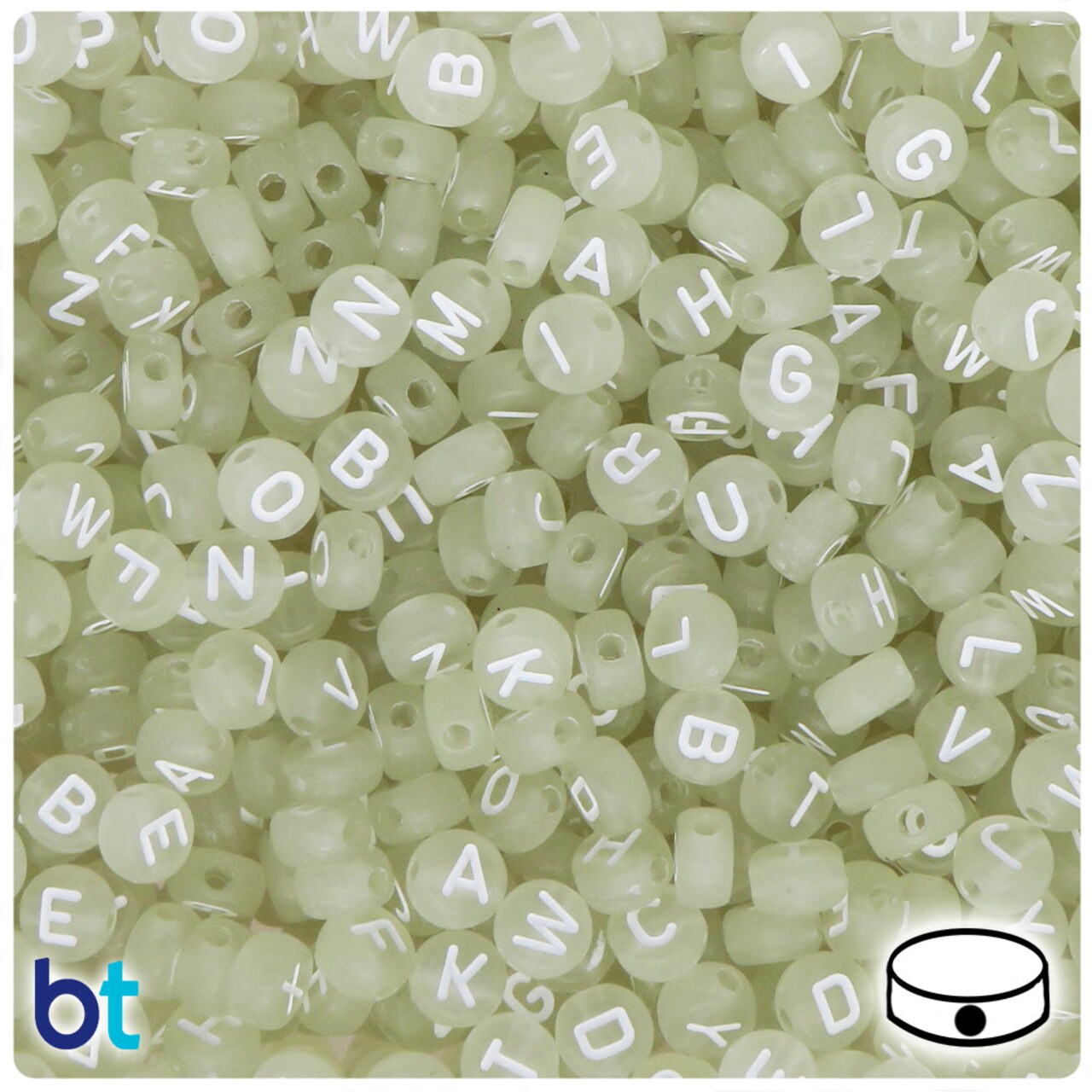 BeadTin Luminous 7mm Coin Plastic Alpha Beads - White Letter Mix (250pcs)